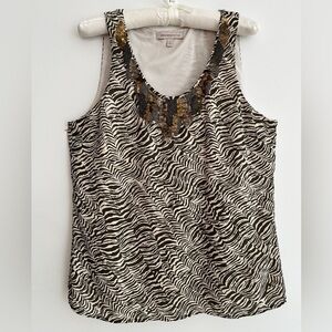 BANANA REPUBLIC Heritage Sleeveless Lined Blouse Animal Print Sequin Bead Trim